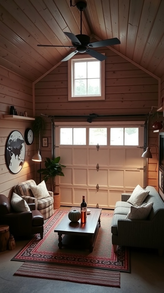 Cozy garage guest house with wooden ceiling, comfortable sofa, and natural light.