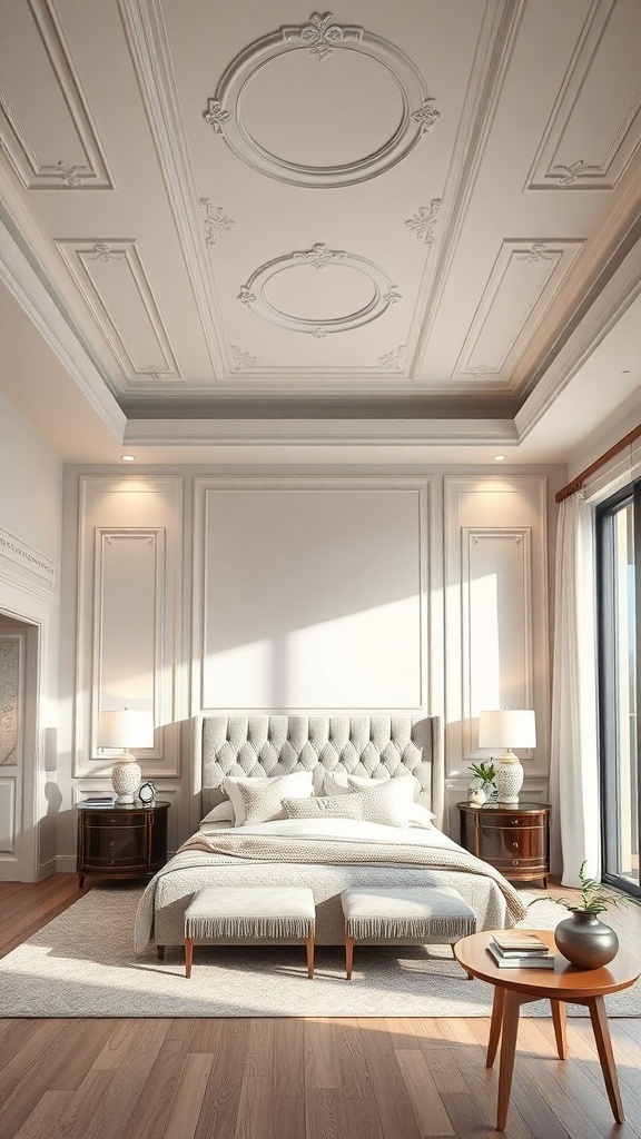 A stylish bedroom featuring a tray ceiling with intricate molding and soft lighting.