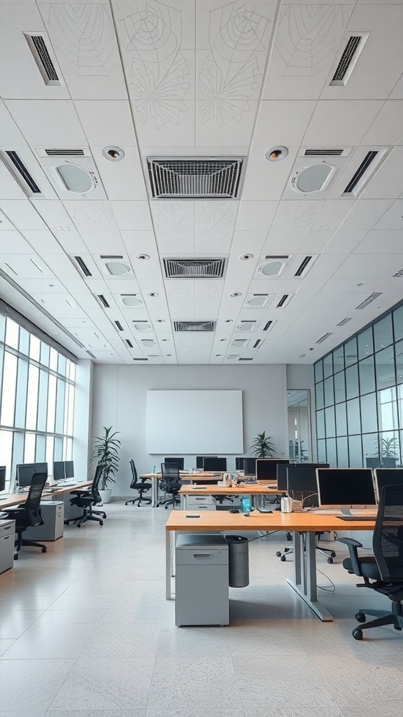 Modern office space with a gypsum ceiling featuring intricate patterns and integrated lighting and ventilation.