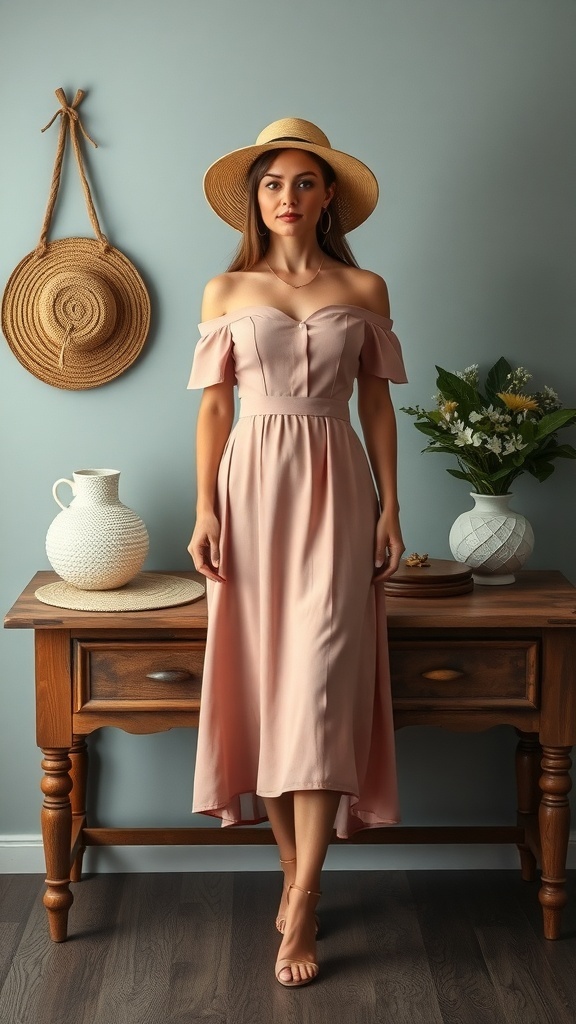 A woman wearing a trendy off-the-shoulder blush dress, standing in a stylish indoor setting.