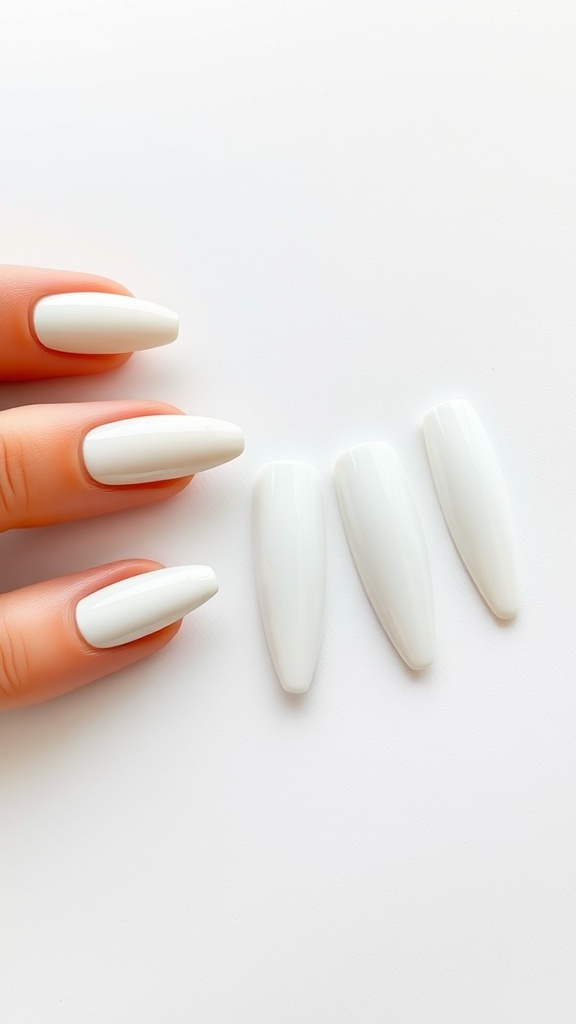A hand displaying white chrome nails in almond shape, with additional white nail tips beside.