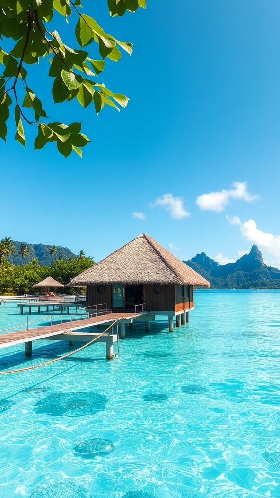 A picturesque view of overwater bungalows in Bora Bora with clear blue waters and a bright sky.