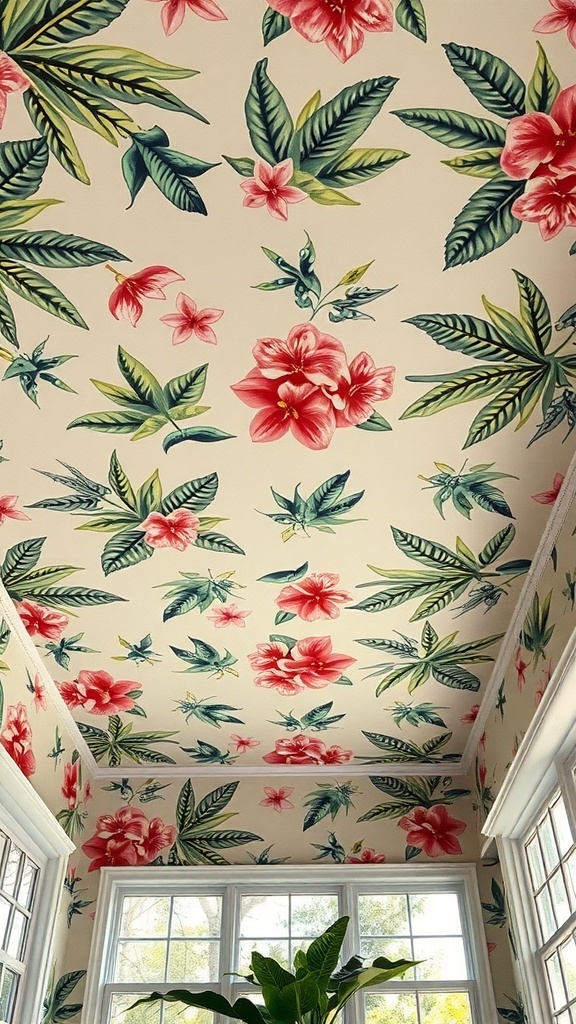 Ceiling wallpaper featuring tropical flowers and green leaves