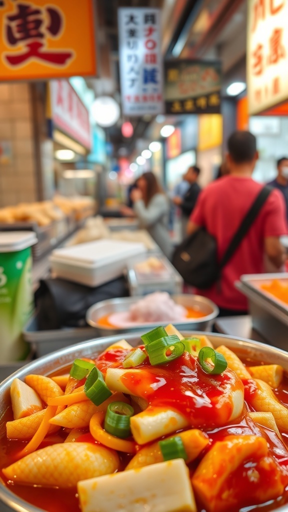 A bowl of tteokbokki, spicy rice cakes topped with green onions, in a vibrant street food market.