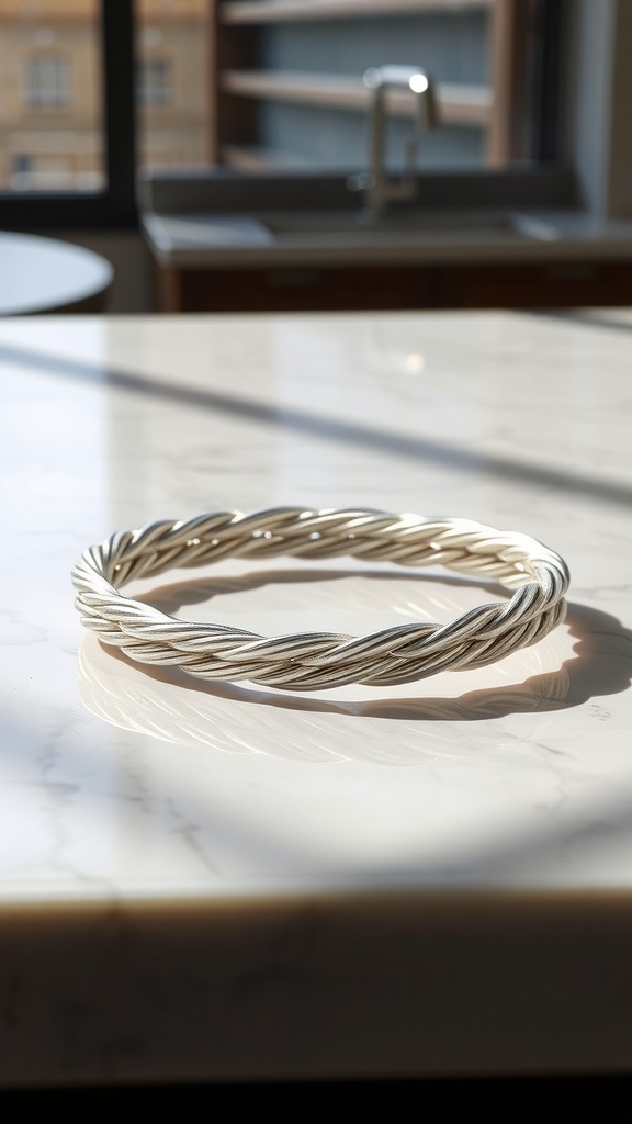A silver twisted rope bracelet resting on a marble surface, showcasing its intricate design and shine.