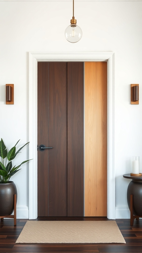A two-tone veneer door featuring dark and light wood finishes, framed by a white wall and accompanied by modern decor.
