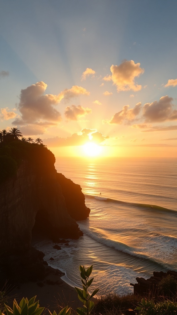 Sunset view over Uluwatu's dramatic cliffs with ocean waves and a surfer