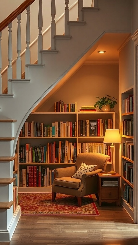 Cozy reading nook under stairs with a chair, bookshelf, and warm lighting