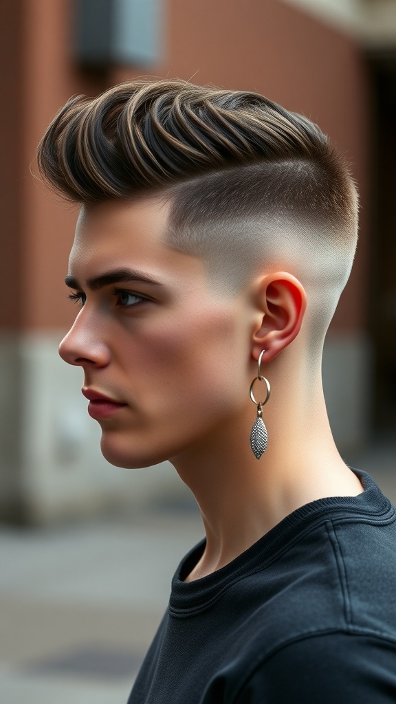 A stylish undercut with a long top hairstyle, featuring a clean fade and voluminous hair on top.