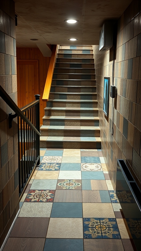 A basement stairwell with unique patterned tiles and wooden stairs.