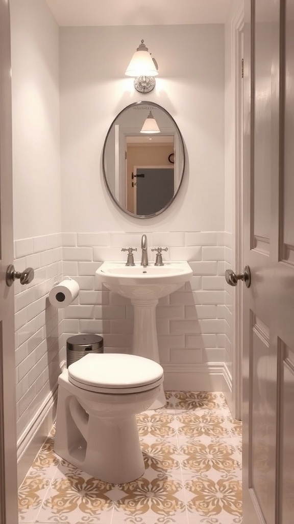 A small powder room featuring patterned flooring, white walls, and a round mirror.
