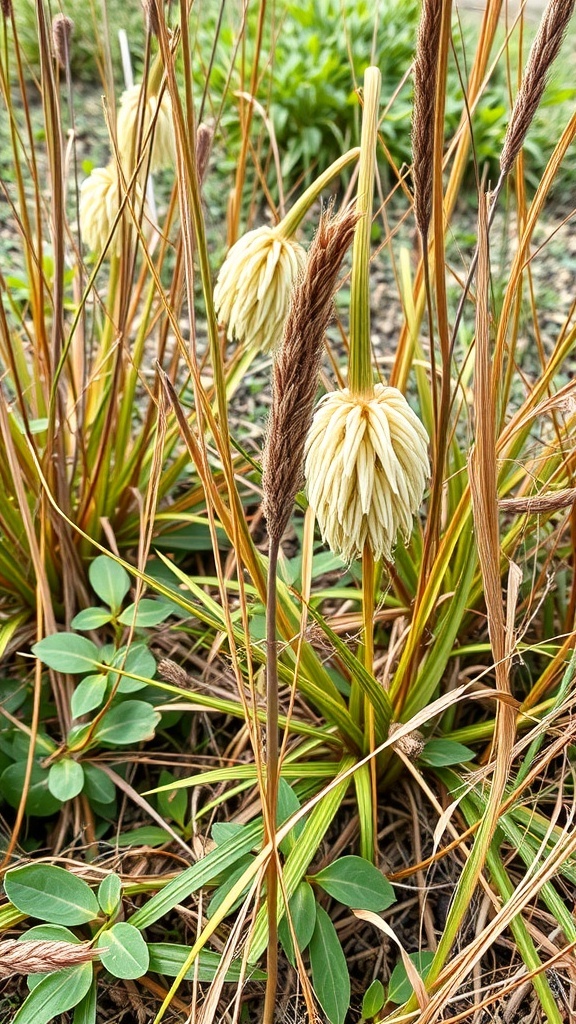 Unique flora in Corfu, featuring tall grasses and distinctive flowers.