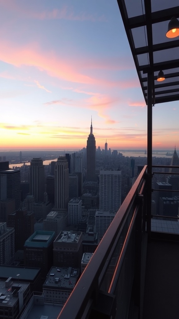 View from a rooftop bar in New York City, showcasing the Empire State Building and a colorful sunset.