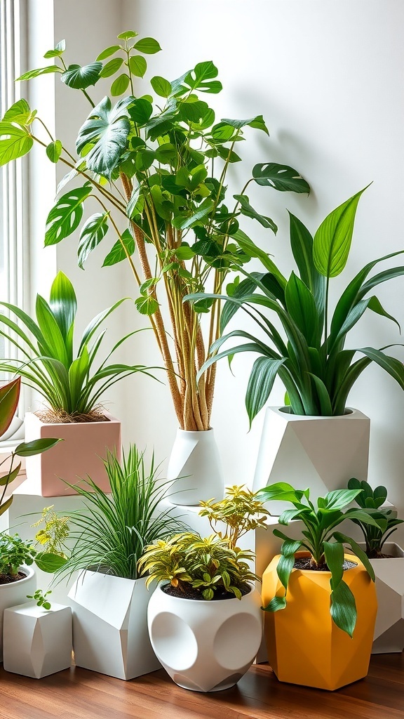 A collection of unique indoor plant planters in various shapes and colors.