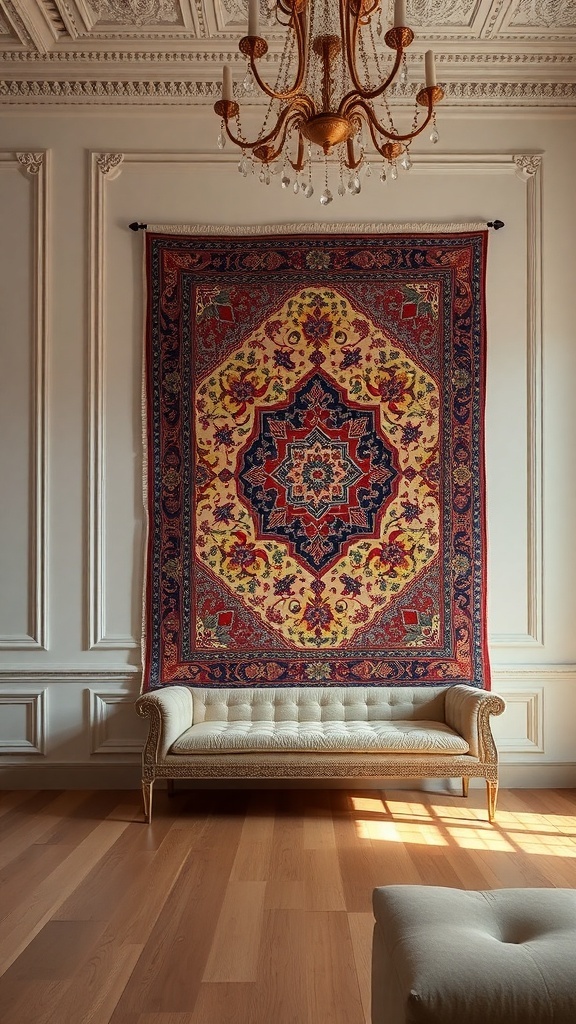 An Iranian carpet displayed as wall art above a stylish sofa in a well-lit room.