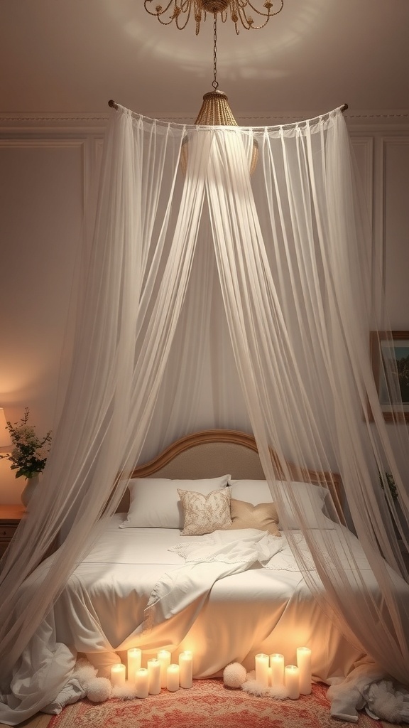 A cozy bedroom with a bed canopy, soft lighting, and candles creating a dreamy atmosphere.