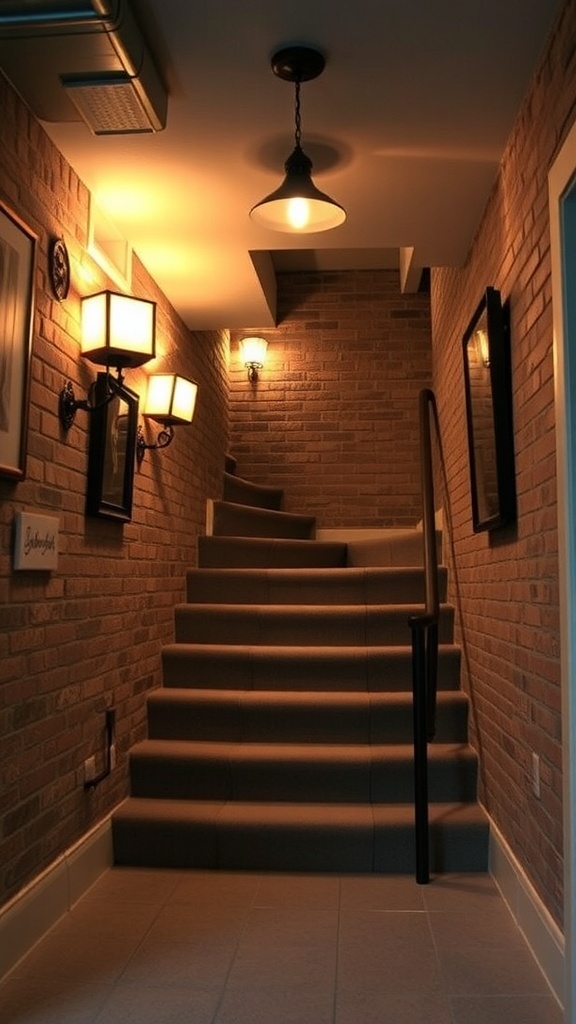 A well-lit basement stairwell featuring a pendant light and wall sconces, with brick walls and a warm atmosphere.