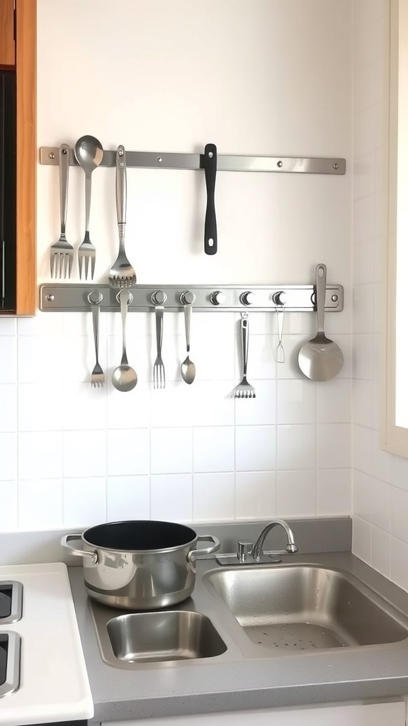Magnetic strips holding various kitchen utensils above a sink