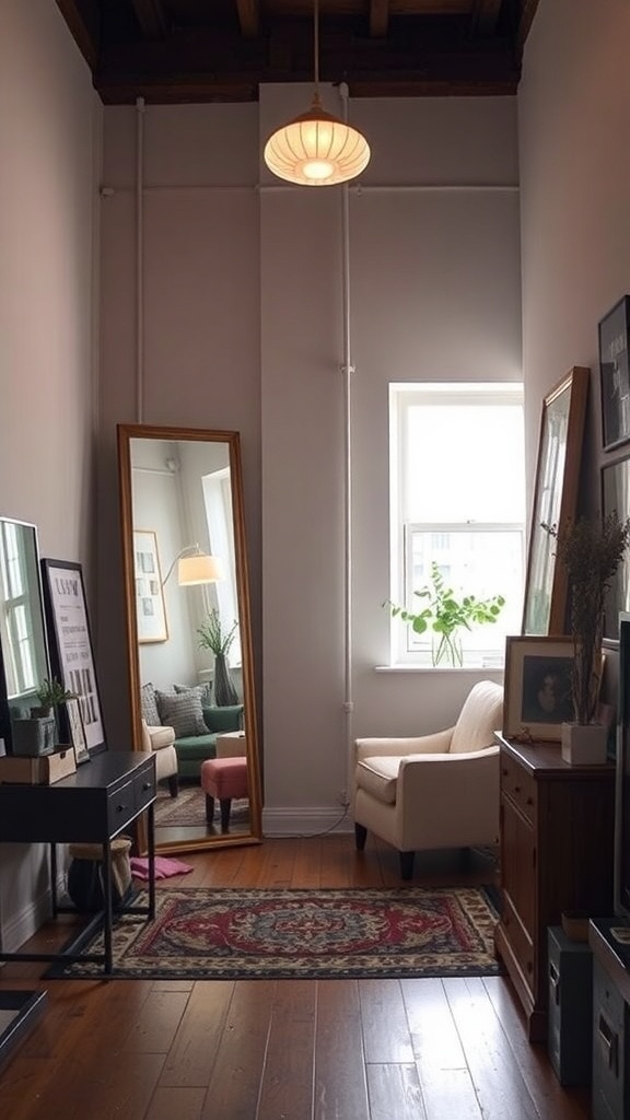 A cozy hallway in a small loft apartment featuring a large mirror, warm lighting, and stylish decor.