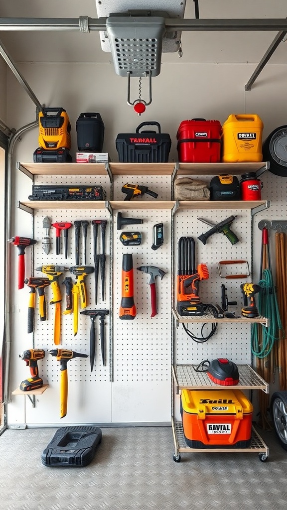 A garage with modular shelving units displaying various tools and storage containers.