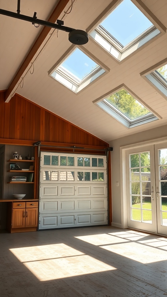 Bright garage guest house with skylights and glass doors