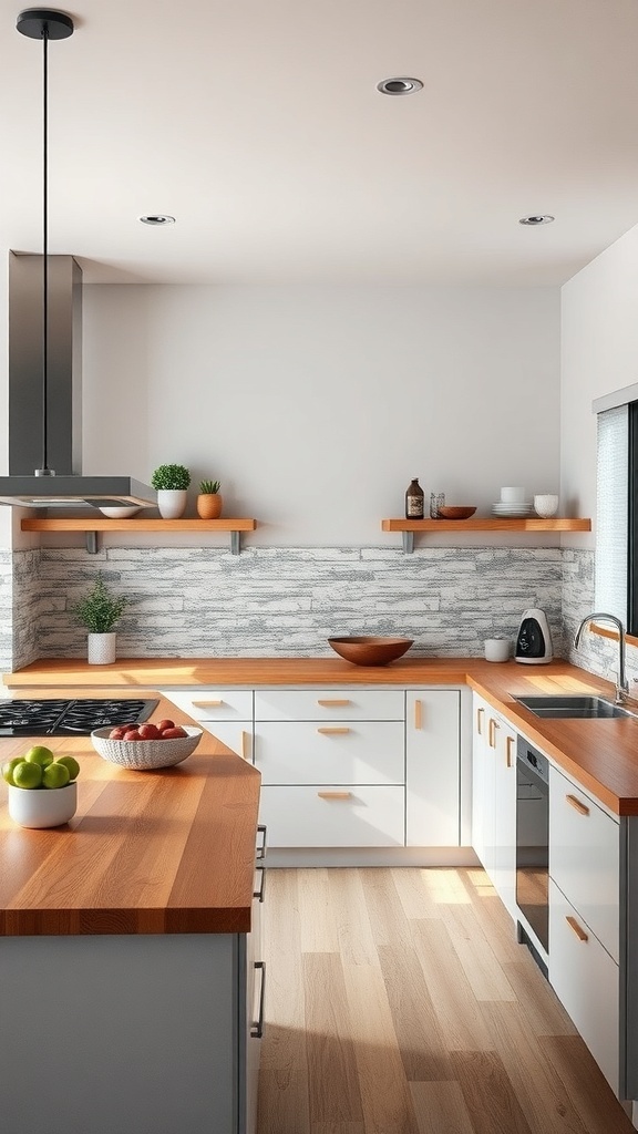 A semi-open kitchen featuring white cabinetry, wooden countertops, and a stone backsplash.