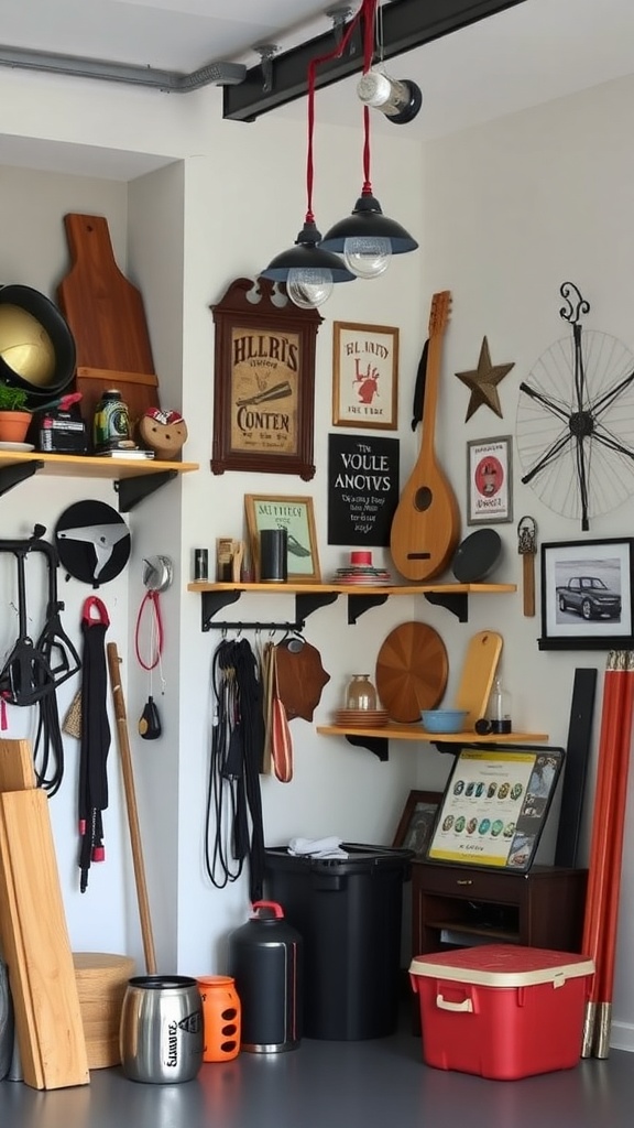 A well-organized garage with shelves and hooks for tools and kitchenware.