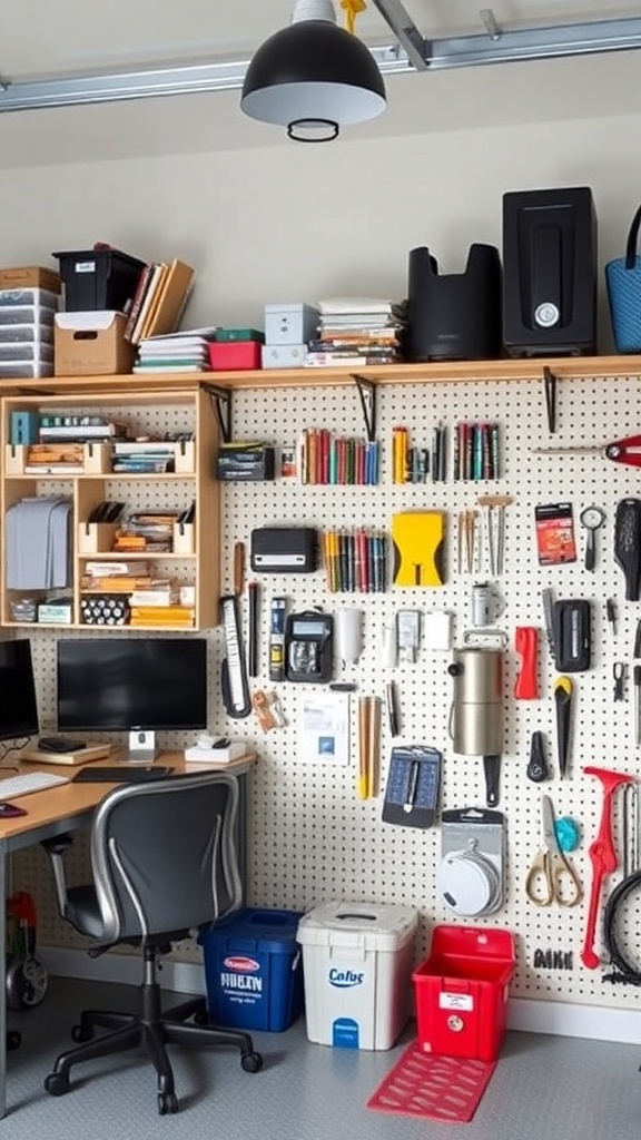 A garage office with organized vertical storage solutions, including shelves and a pegboard.