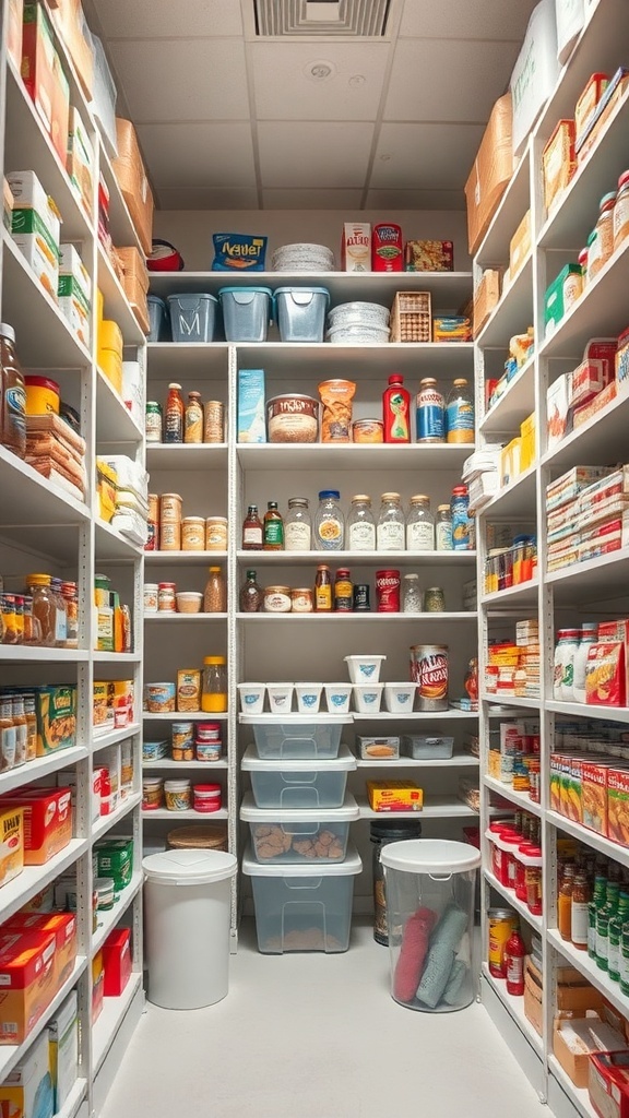 A well-organized pantry with tall shelves filled with various food items and storage bins.