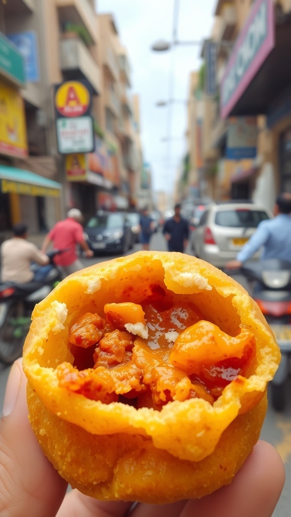 A close-up of vada pav, a popular Mumbai street food, with a street scene in the background.