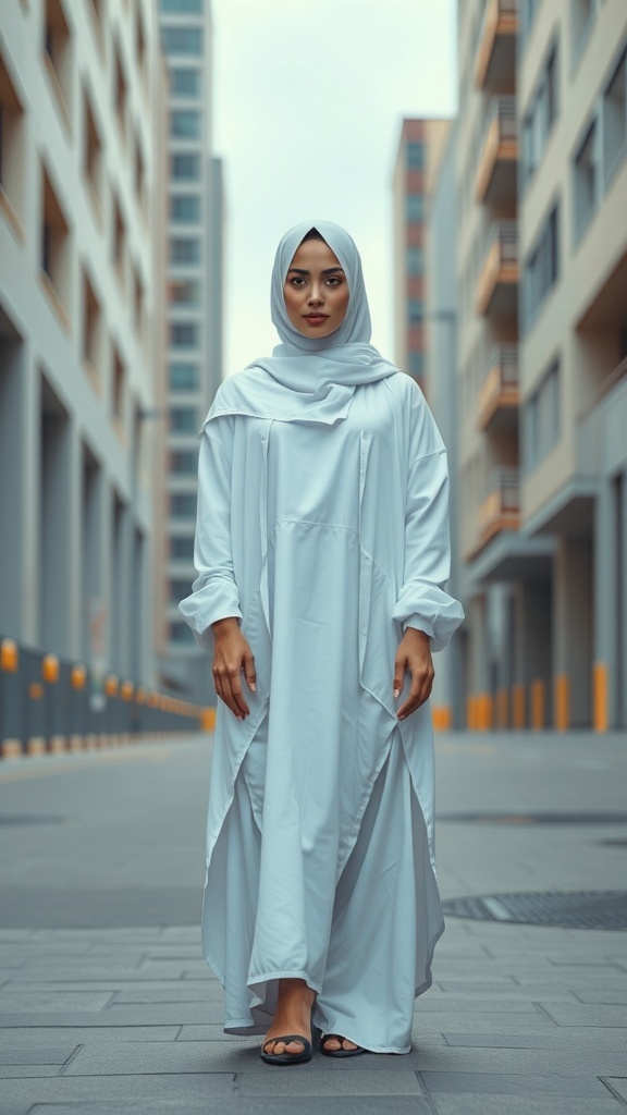 A woman wearing a white abaya in an urban setting