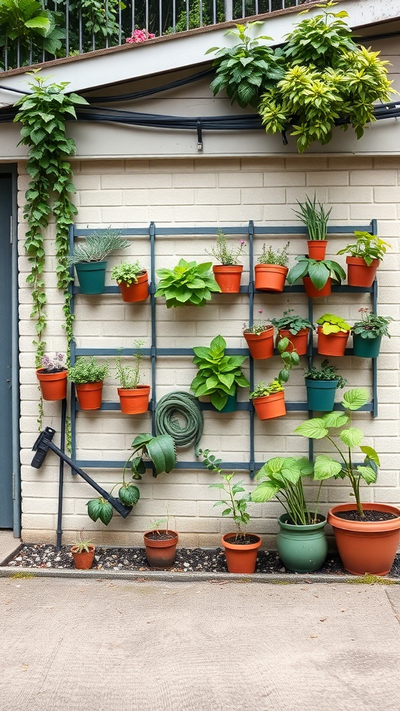 A vertical gardening wall with various potted plants arranged on a metal frame.