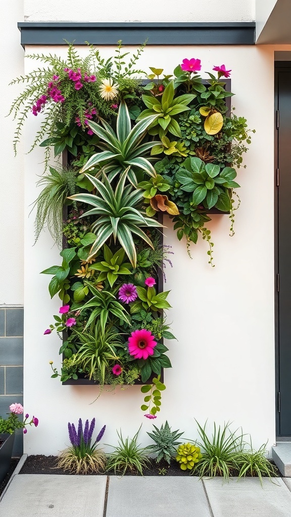 A vibrant vertical garden with various plants and flowers on a wall.