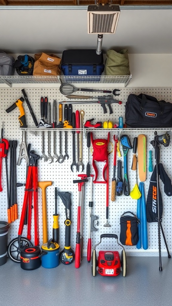 Organized garage wall with tools and equipment on pegboards and shelves