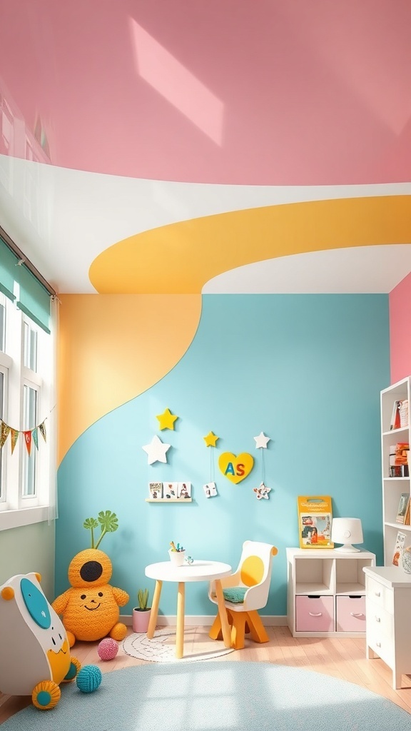 A colorful children's room with a pink, yellow, and white ceiling, soft blue walls, and playful decor.