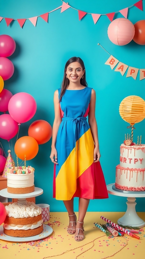 A young woman in a vibrant colorblock dress stands in a festive setting with balloons and birthday cakes.