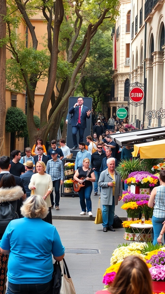A lively street scene on La Rambla in Barcelona, featuring colorful flowers, people enjoying outdoor cafes, and charming buildings.