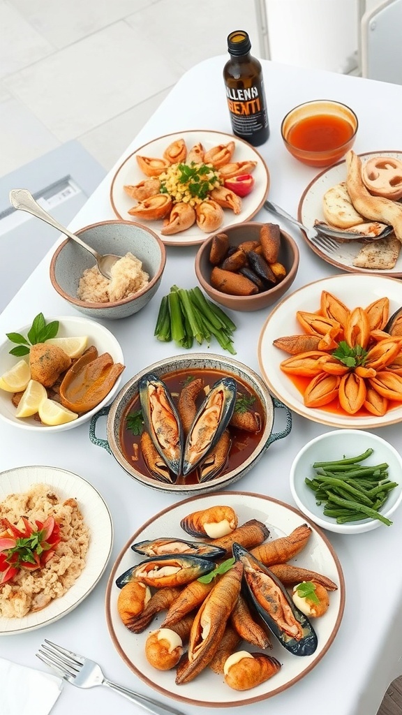 A vibrant spread of local dishes from Milos, Greece, featuring seafood, vegetables, and traditional Greek cuisine.