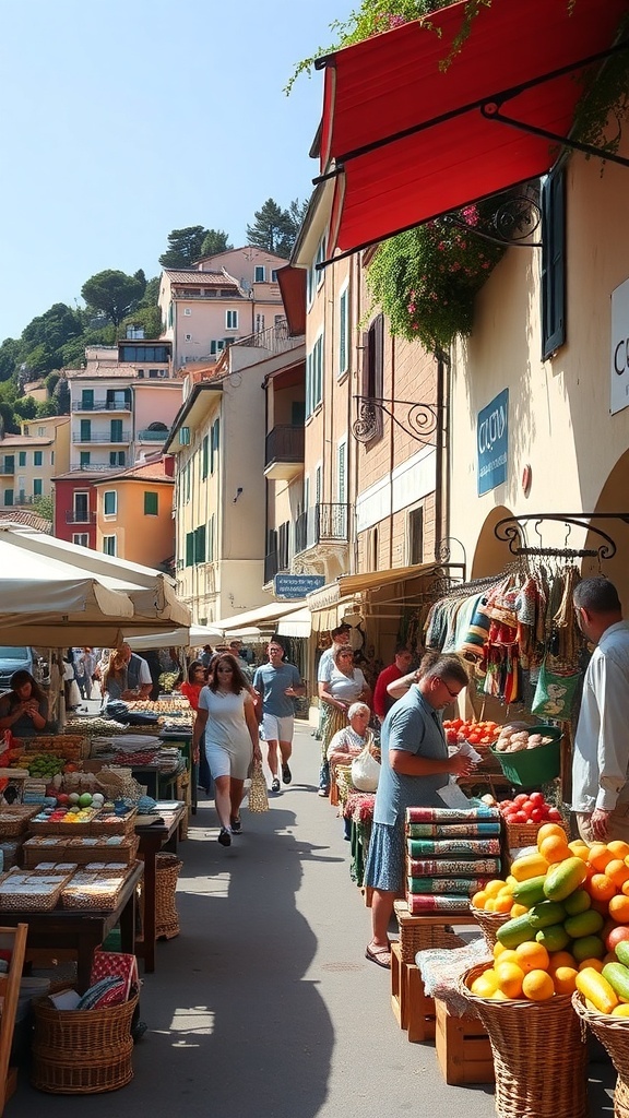 A vibrant market in Portofino, Italy, showcasing fresh fruits and local crafts.