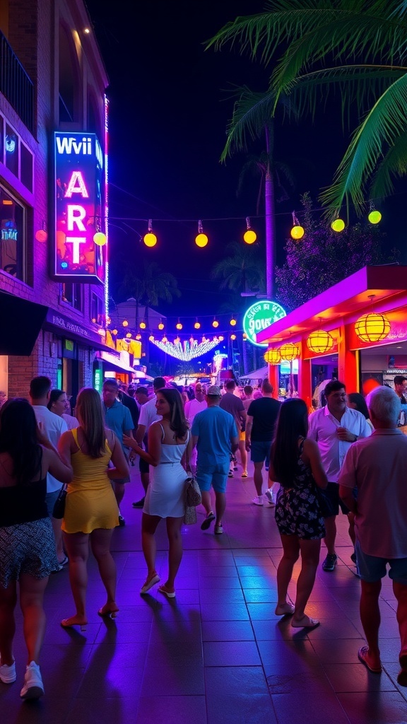 A lively street scene in Waikiki at night, filled with people enjoying the vibrant nightlife and colorful neon lights.