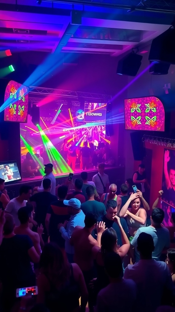 A lively club scene in Ibiza with colorful lights and people dancing.