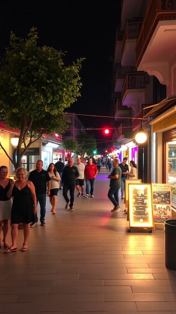 A lively promenade in Marmaris at night with people walking and colorful lights from shops and bars.