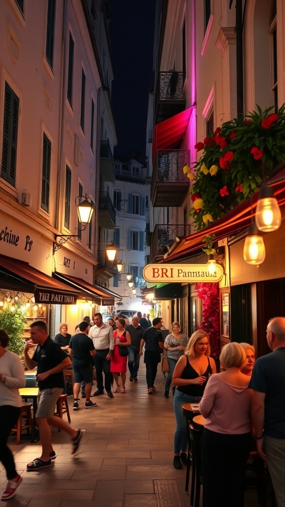 A lively alley in Corfu Town at night with people walking and dining outdoors.