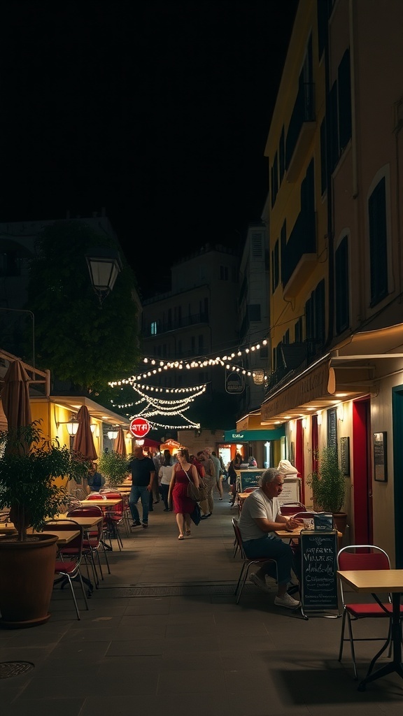 A lively street in Sorrento at night, with cafes and string lights creating a warm atmosphere.