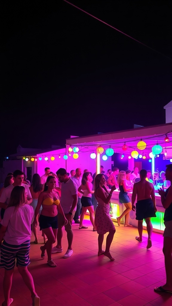 A lively bar scene in Mykonos at night with colorful lights and people dancing.