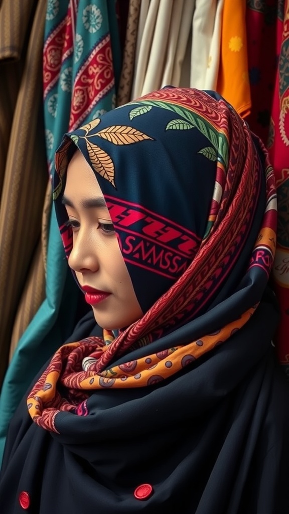 A woman wearing a patterned hijab, showcasing vibrant colors and intricate designs.