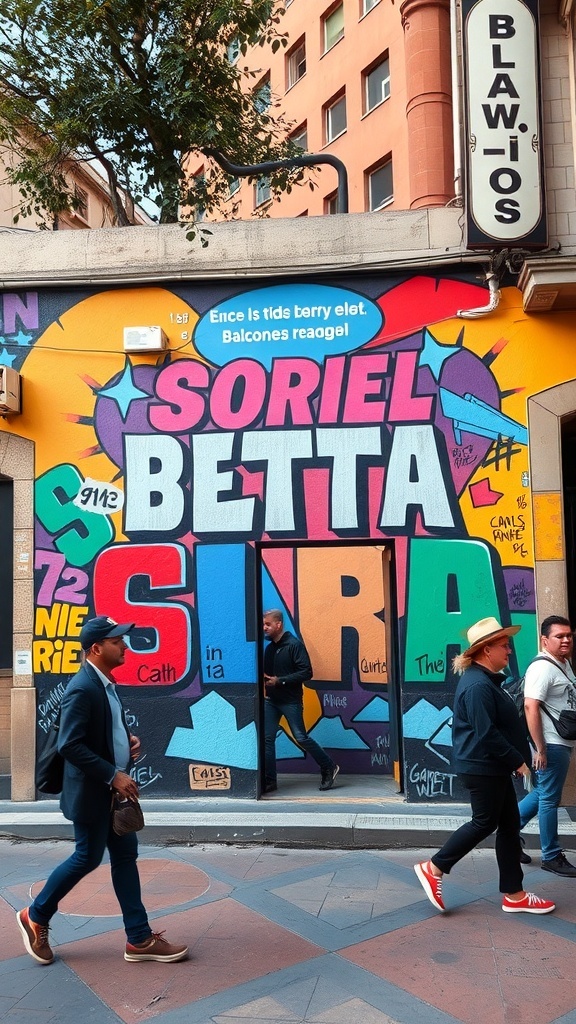 A colorful mural in El Raval, Barcelona, with people walking by.