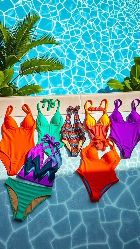 A young woman in a floral bikini sitting by a pool with colorful swimsuits around her.