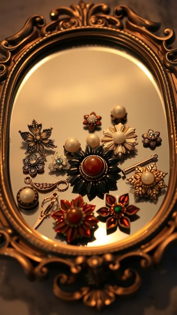A collection of vintage-inspired brooches displayed in a decorative mirror frame.