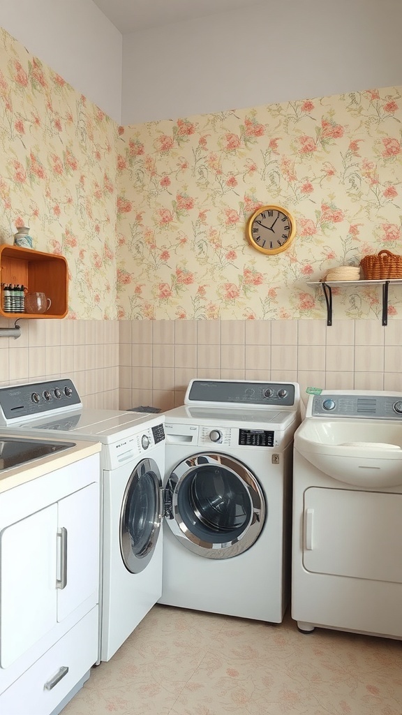 A vintage-inspired laundry room with floral wallpaper, modern appliances, and a classic clock.